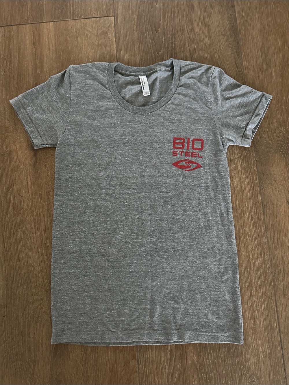 American Apparel  boys Gray Tee with Red Bio Steel Logo. Size L.